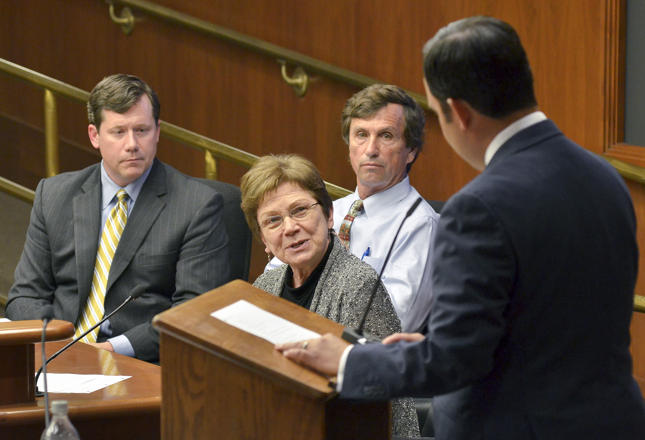 (Left to right) Rep. Dennis Smith, Rep. Alice Hauseman, Rep. Denny McNamara and Reid LeBeau, counsel to Rep. McNamara, testify before the House Ethics Committee June 30 during a probable cause hearing of an ethics complaint against McNamara. Photo by Andrew VonBank